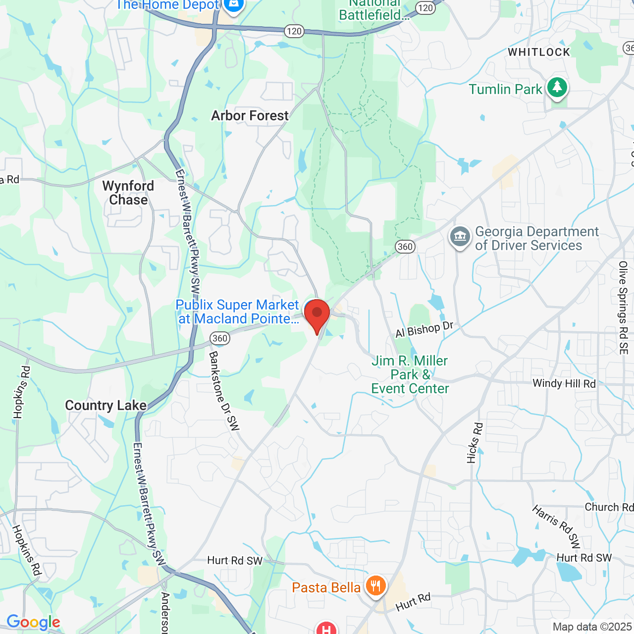 Google map image of our location in 1808 Powder Springs Rd SW Marietta, GA